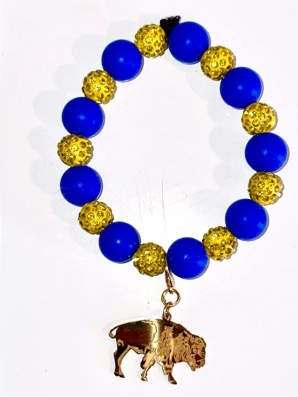 Handmade Buffalo Sabres Color Sparkly Rhinestone Bracelet with Buffalo Dangle C